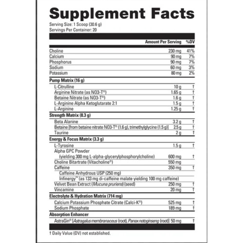 NutraBio PRE supplement facts label showing 350mg caffeine and clinically dosed ingredients per serving