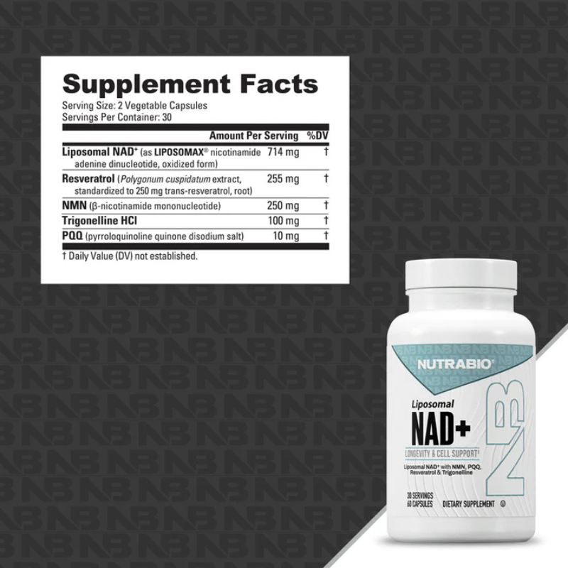 NUTRABIO Liposomal NAD+ supplement bottle with supplement facts label on a black background
