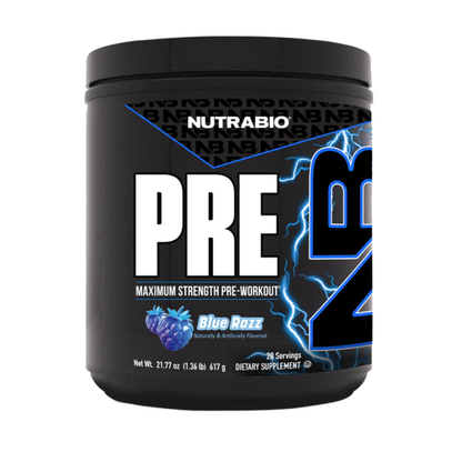 NutraBio PRE pre-workout supplement tub available at Max Muscle Stone Mountain