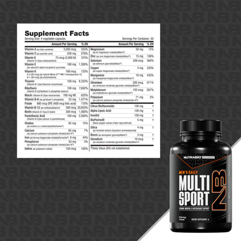 NutraBio Men's Daily Multi Sport N3 supplement bottle with supplement facts label on a dark background.