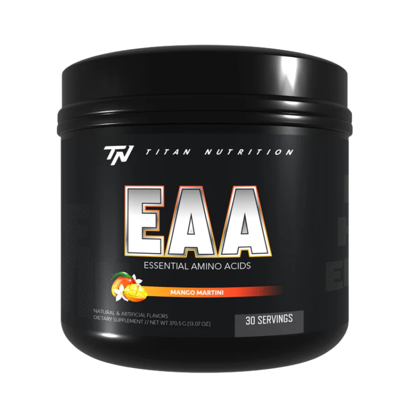 Black container of Titan Nutrition EAA supplement on a white background