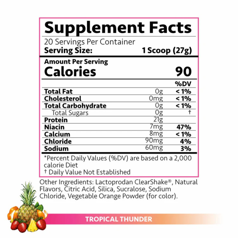 Supplement facts label for a product with tropical fruit imagery on a white background