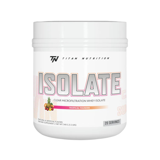 Titan Nutrition Isolate protein powder container on a white background