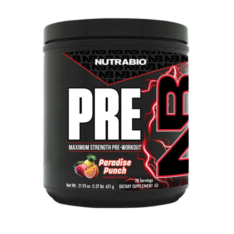 NutraBio PRE maximum-strength pre-workout supplement container with clinically dosed ingredients for explosive energy and muscle pumps