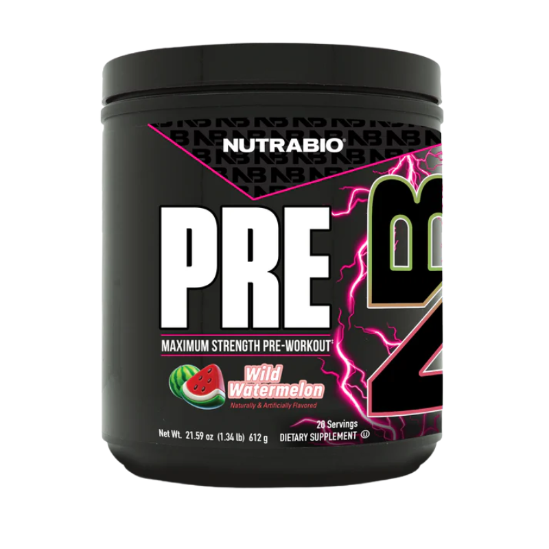 NutraBio PRE high-stimulant pre-workout sold at Max Muscle Sports Nutrition Stone Mountain Georgia. Wild Watermelon flavor