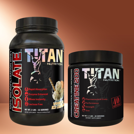 Two Titan Nutrition supplement containers on a brown background