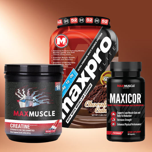Max Muscle and Maxpro supplement products on a gradient background
