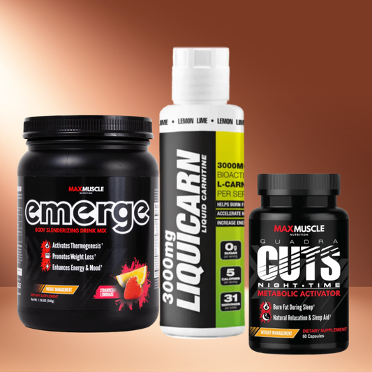 Three supplement containers labeled 'emerge', 'Liquicarn', and 'Quadra Cuts' on a brown background.