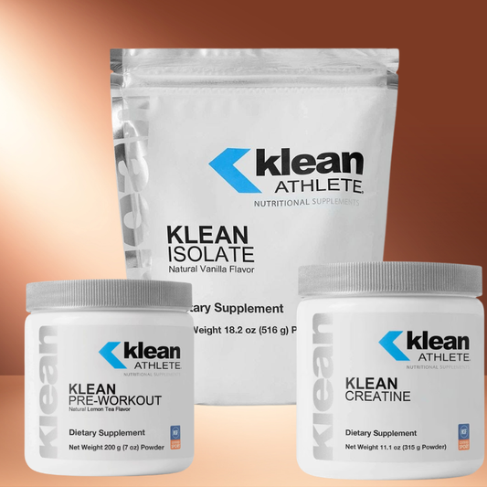 Klean Athlete supplement products including Klean Isolate, Klean Pre-Workout, and Klean Creatine on a gradient background.