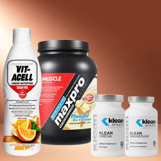 Collection of dietary supplements including Vit-Acell, Maxpro Muscle, Klean Omega, and Klean Magnesium on a gradient background.