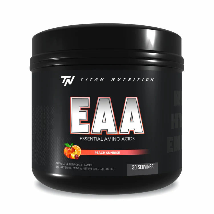 Black container of Titan Nutrition EAA supplement with peach sunrise flavor on a white background