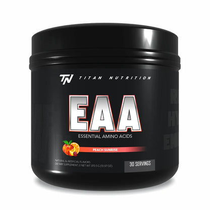Black container of Titan Nutrition EAA supplement with peach sunrise flavor on a white background